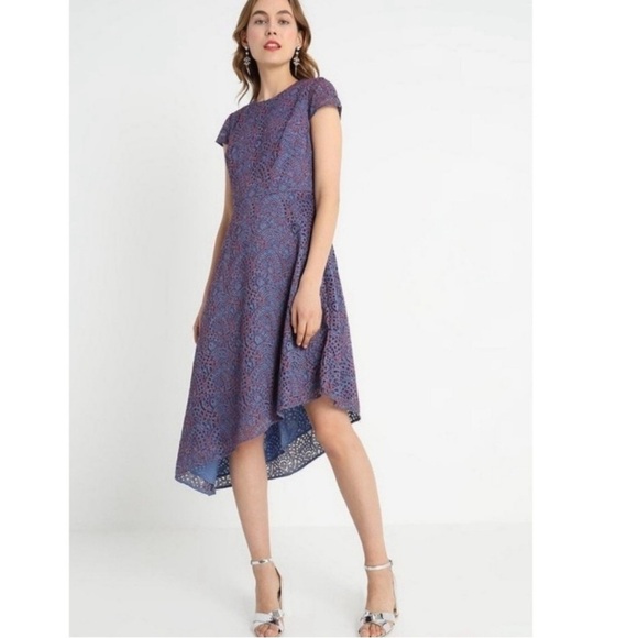 BANANA REPUBLIC Purple Red Eyelet Lace Assymetrical Hem Midi Dress Size 0 - Picture 1 of 11